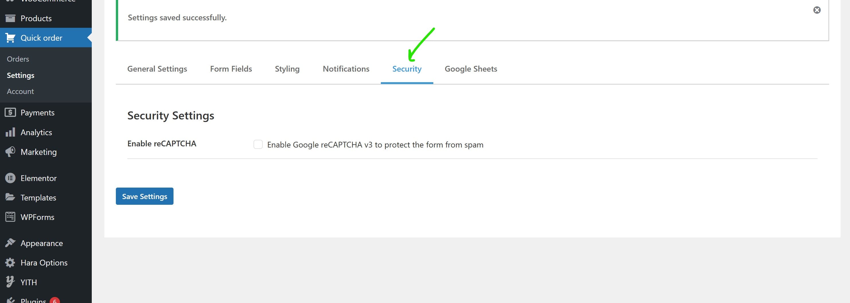 Settings Recaptcha Screenshot